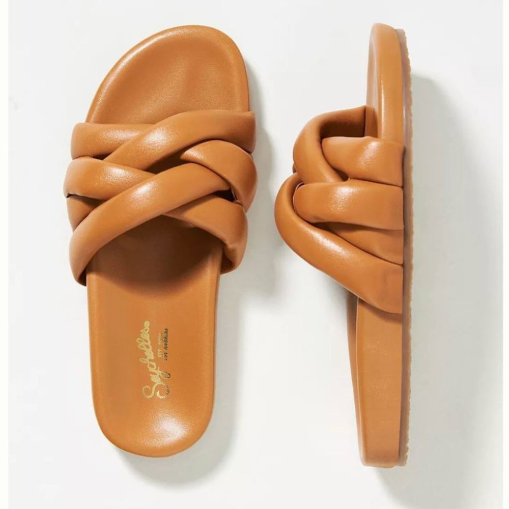 NEW Anthropologie Seychelles Low Key Glow Up Brown Leather Slides size 7
